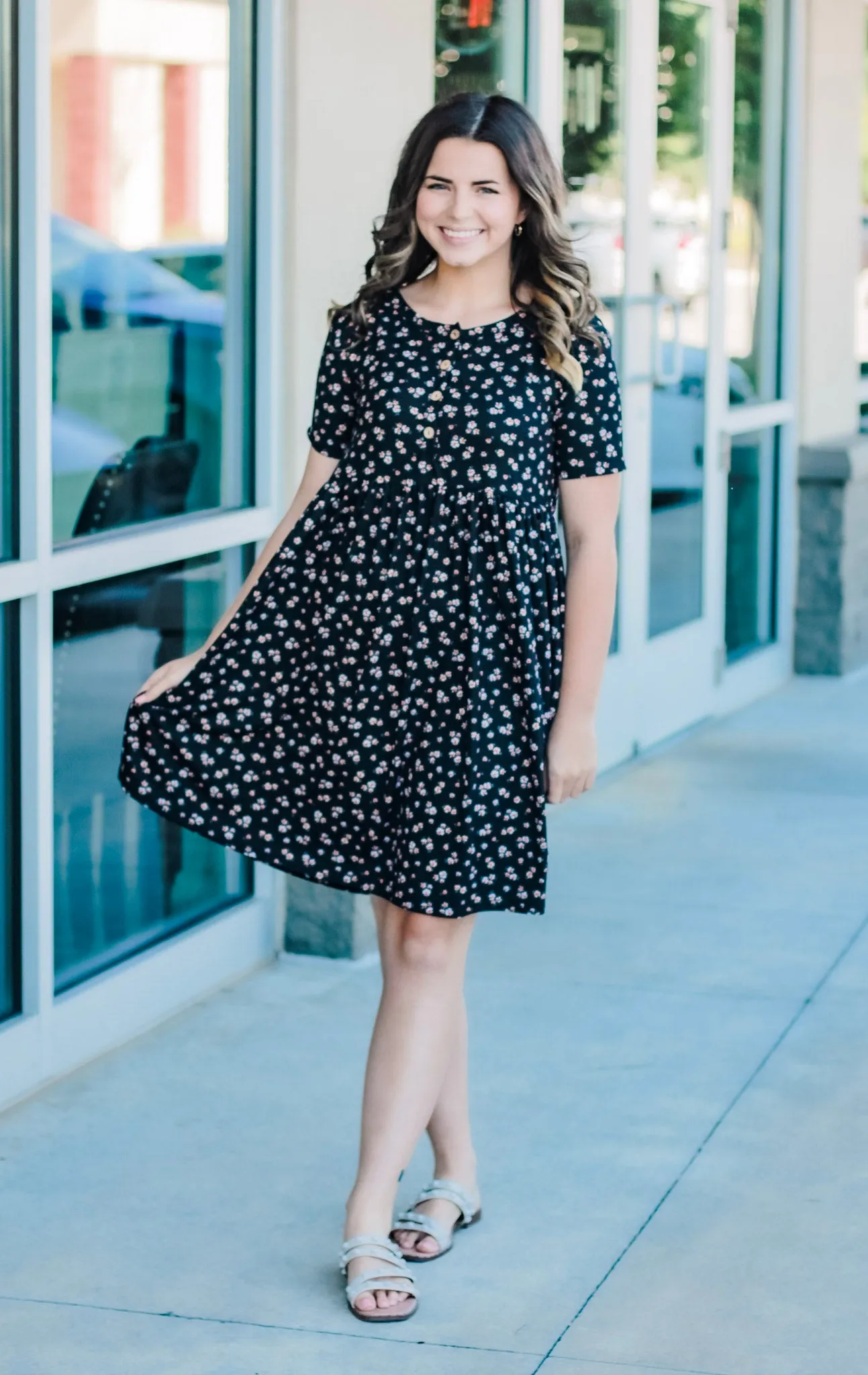 The Tatum Floral Henley Dress in Black