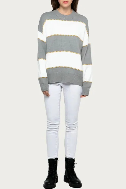 TWO-TONE STRIPED CREWNECK SWEATER
