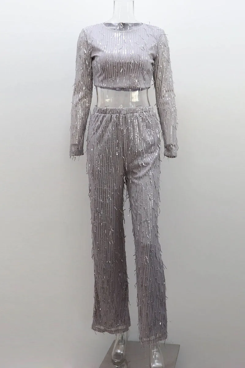 UJ0480 Sequins Shirt and Pants Set