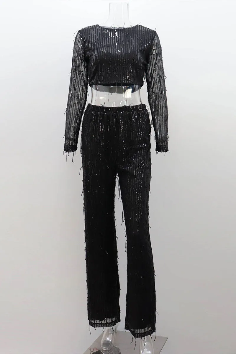 UJ0480 Sequins Shirt and Pants Set