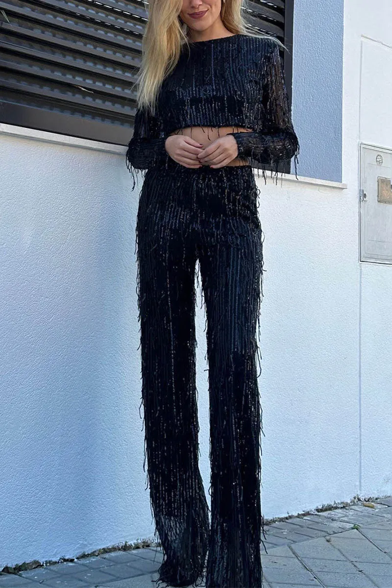 UJ0480 Sequins Shirt and Pants Set
