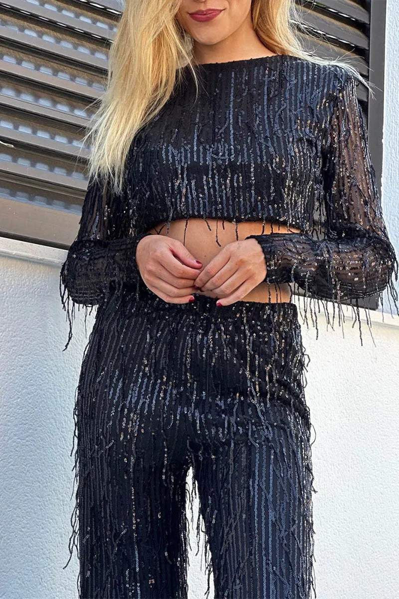 UJ0480 Sequins Shirt and Pants Set