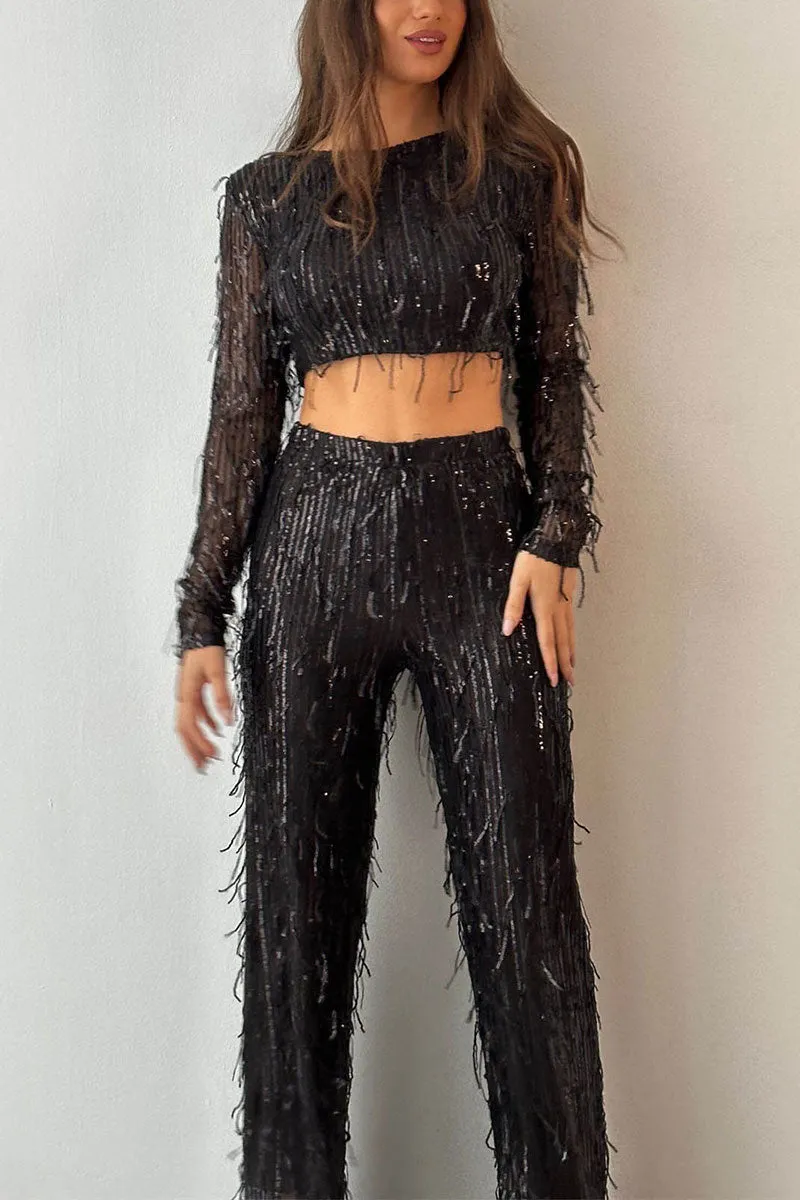 UJ0480 Sequins Shirt and Pants Set