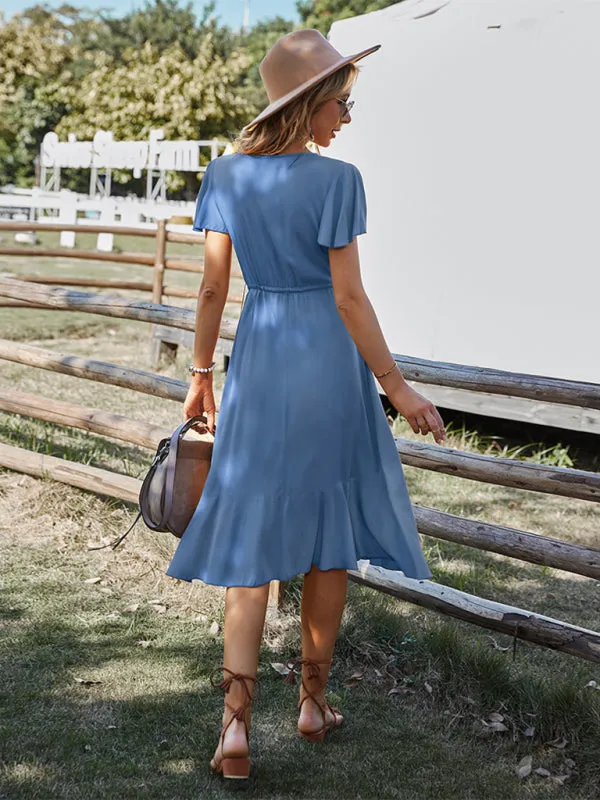 V-neck A-line Dress with Cinched Waist and Ruffled Hem