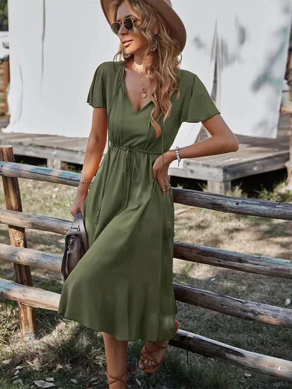 V-neck A-line Dress with Cinched Waist and Ruffled Hem