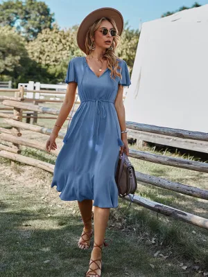 V-neck A-line Dress with Cinched Waist and Ruffled Hem