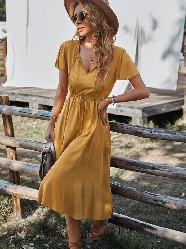 V-neck A-line Dress with Cinched Waist and Ruffled Hem
