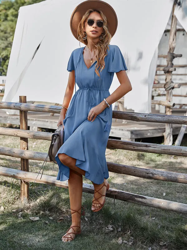 V-neck A-line Dress with Cinched Waist and Ruffled Hem