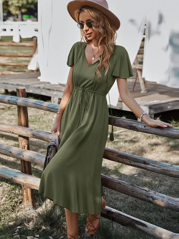 V-neck A-line Dress with Cinched Waist and Ruffled Hem