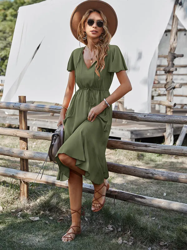 V-neck A-line Dress with Cinched Waist and Ruffled Hem