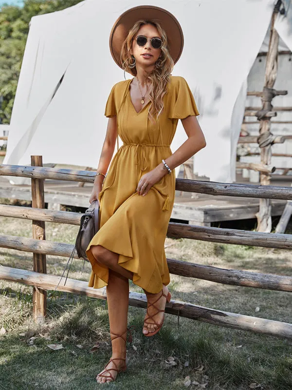 V-neck A-line Dress with Cinched Waist and Ruffled Hem