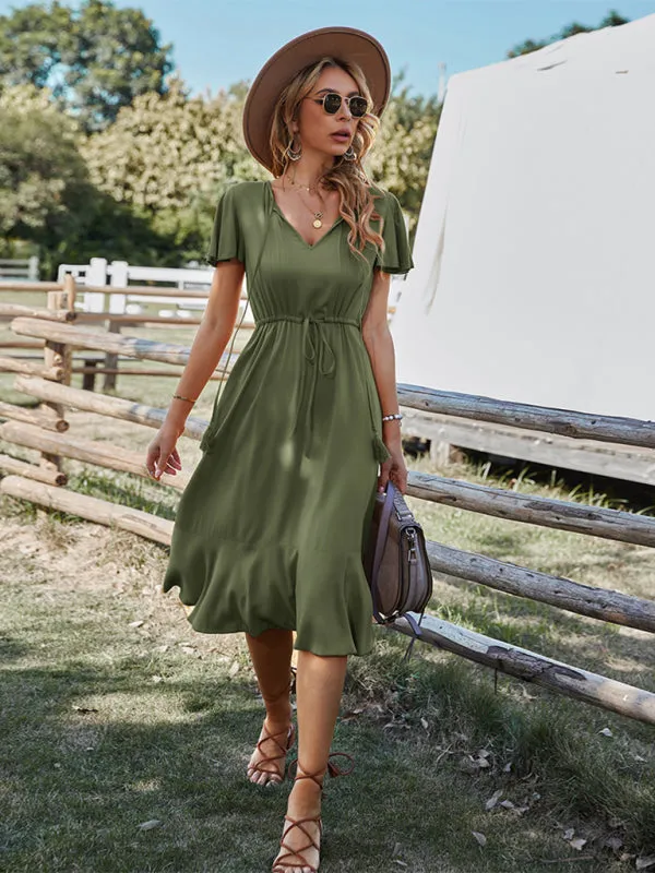 V-neck A-line Dress with Cinched Waist and Ruffled Hem
