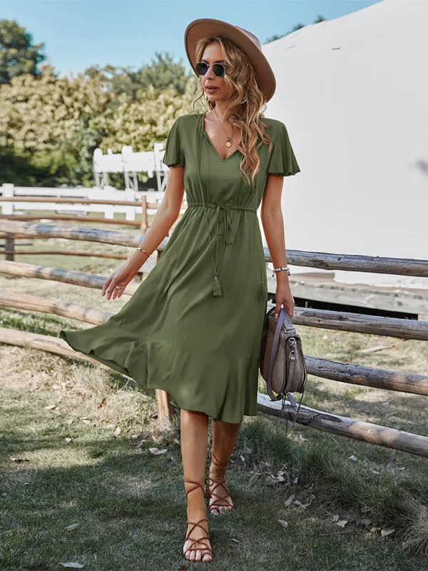 V-neck A-line Dress with Cinched Waist and Ruffled Hem