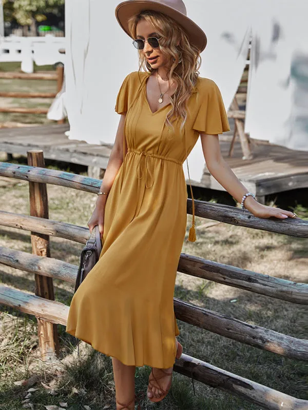 V-neck A-line Dress with Cinched Waist and Ruffled Hem