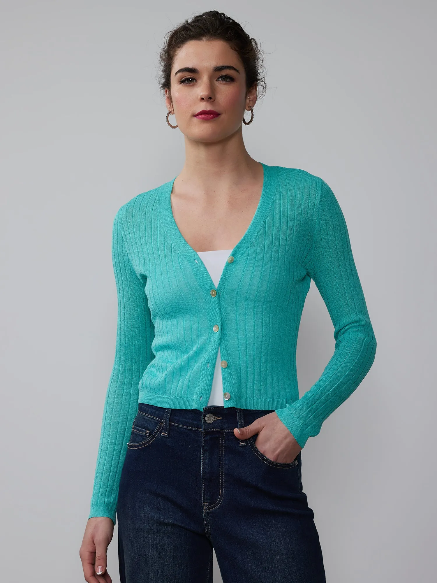 V-Neck Sheer Ribbed Cardigan