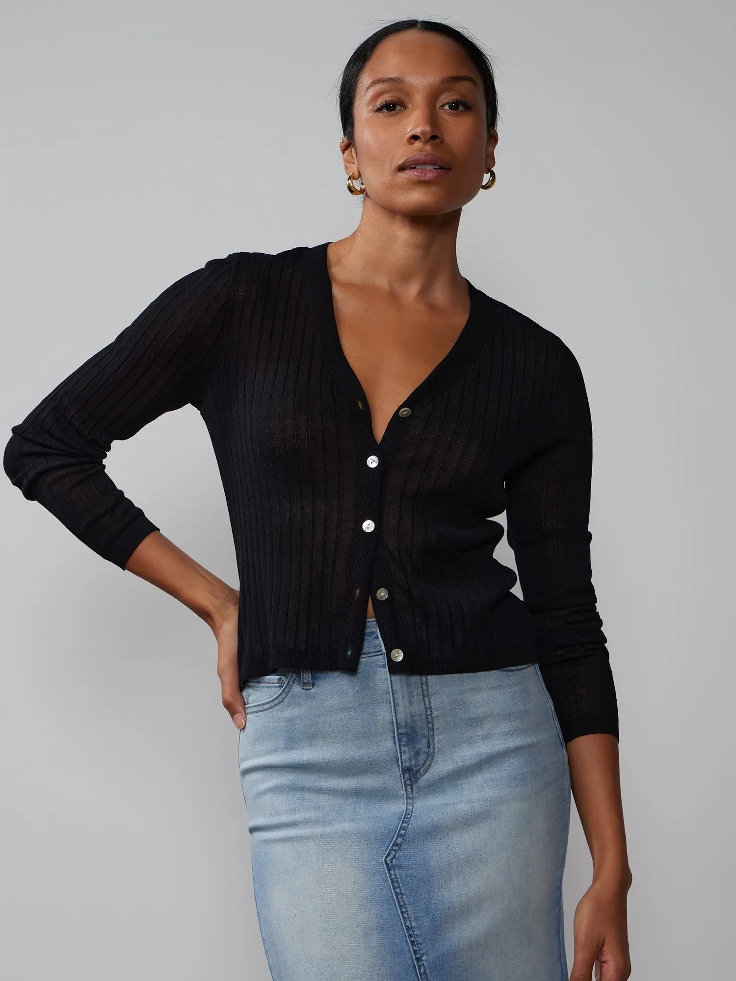 V-Neck Sheer Ribbed Cardigan