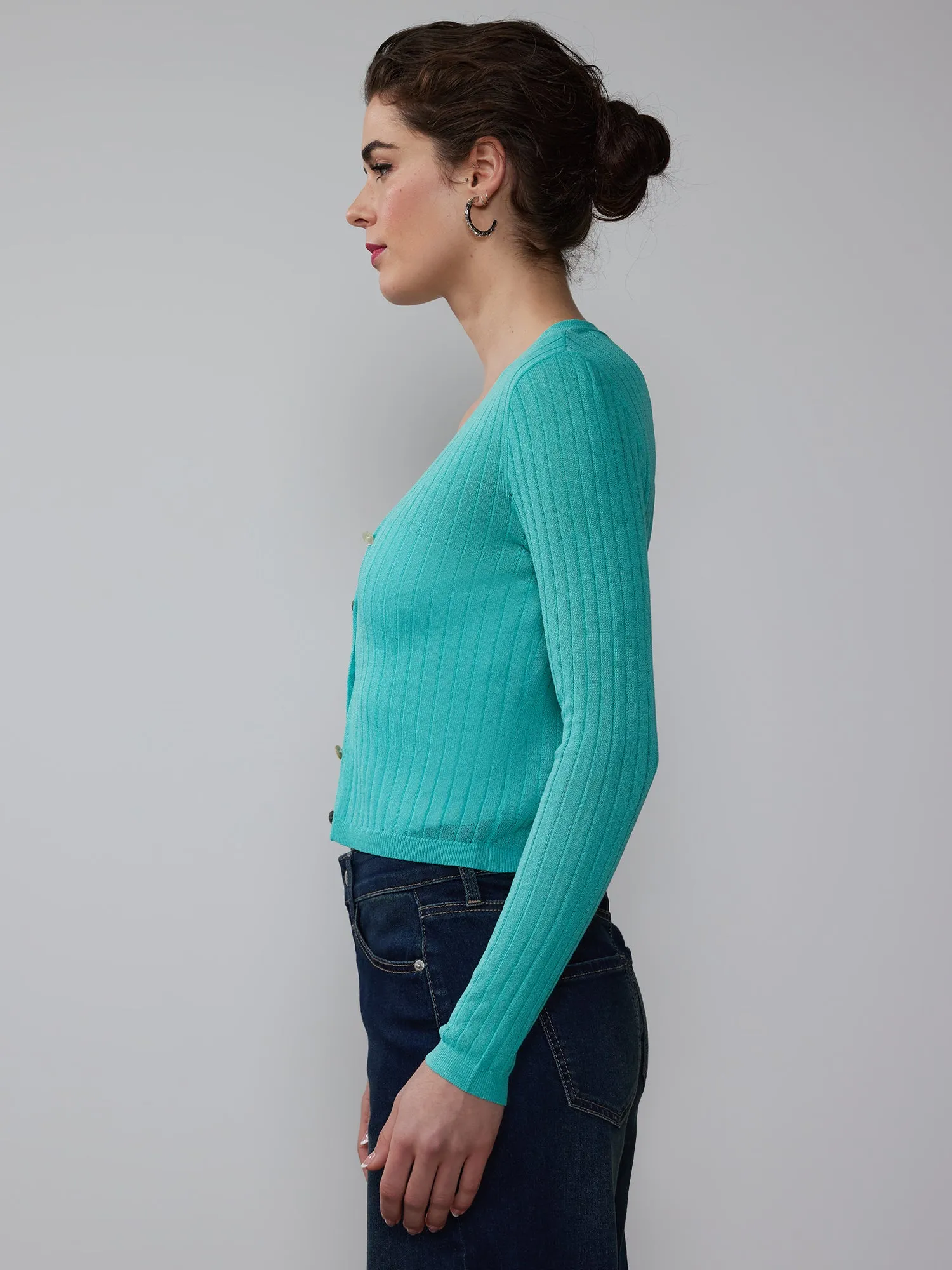 V-Neck Sheer Ribbed Cardigan