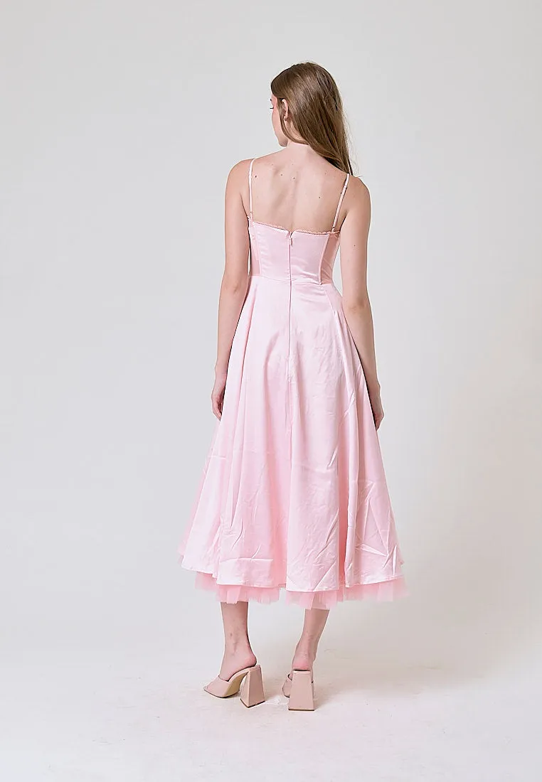 Viola Pastel Pink Bustier Flowy A Line Midi Dress