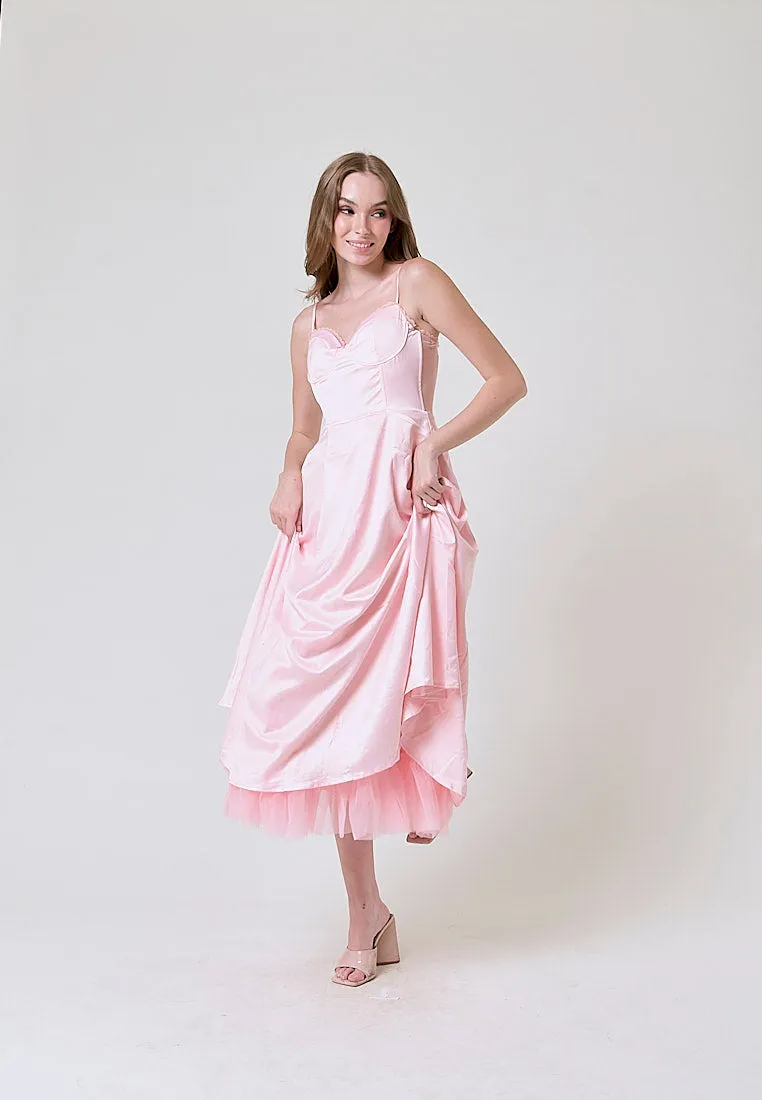 Viola Pastel Pink Bustier Flowy A Line Midi Dress