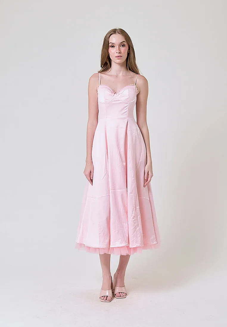 Viola Pastel Pink Bustier Flowy A Line Midi Dress