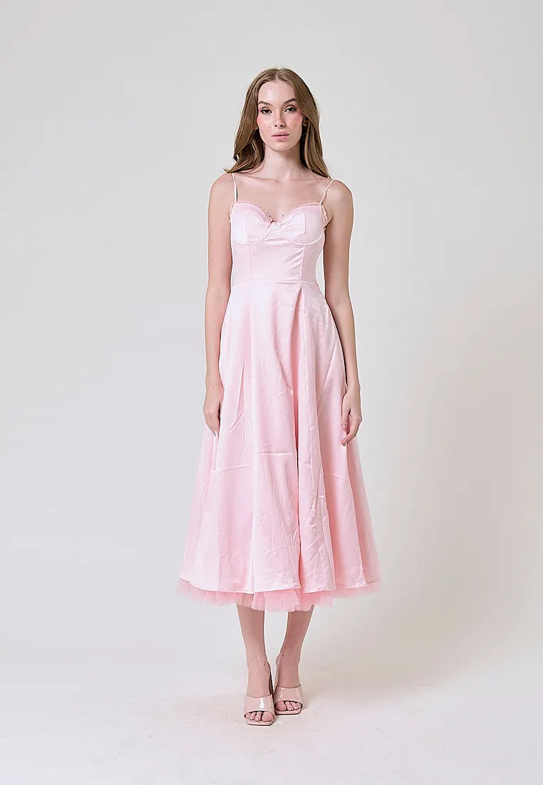 Viola Pastel Pink Bustier Flowy A Line Midi Dress