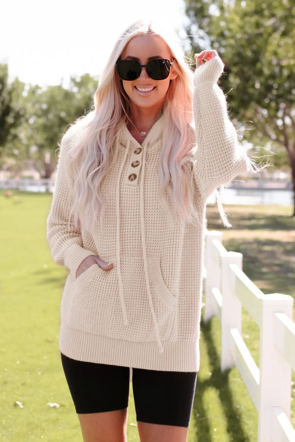 Waffle Knit Buttons Hooded Sweater with Pocket