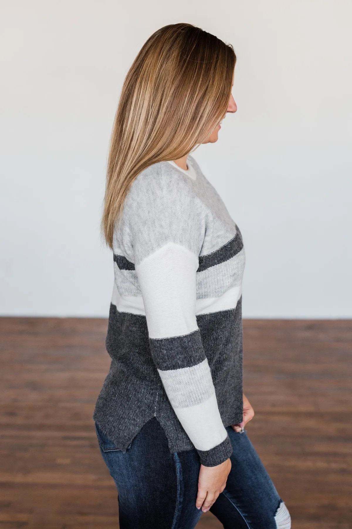 Wait A Minute Color Block Sweater- Ivory, Heather Grey, Charcoal