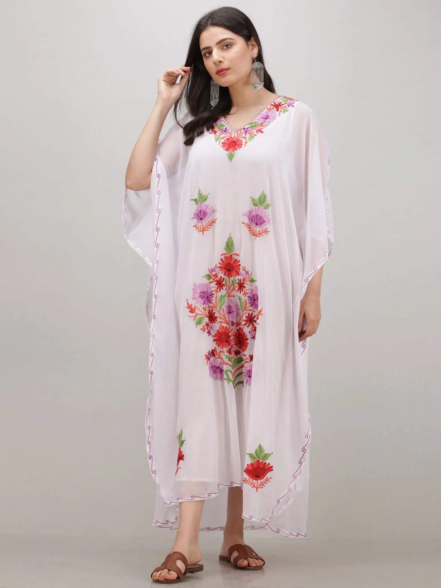 White Multicolor Aari Embroidered Kashmere Free Size Georgette Kaftan  - K12K019