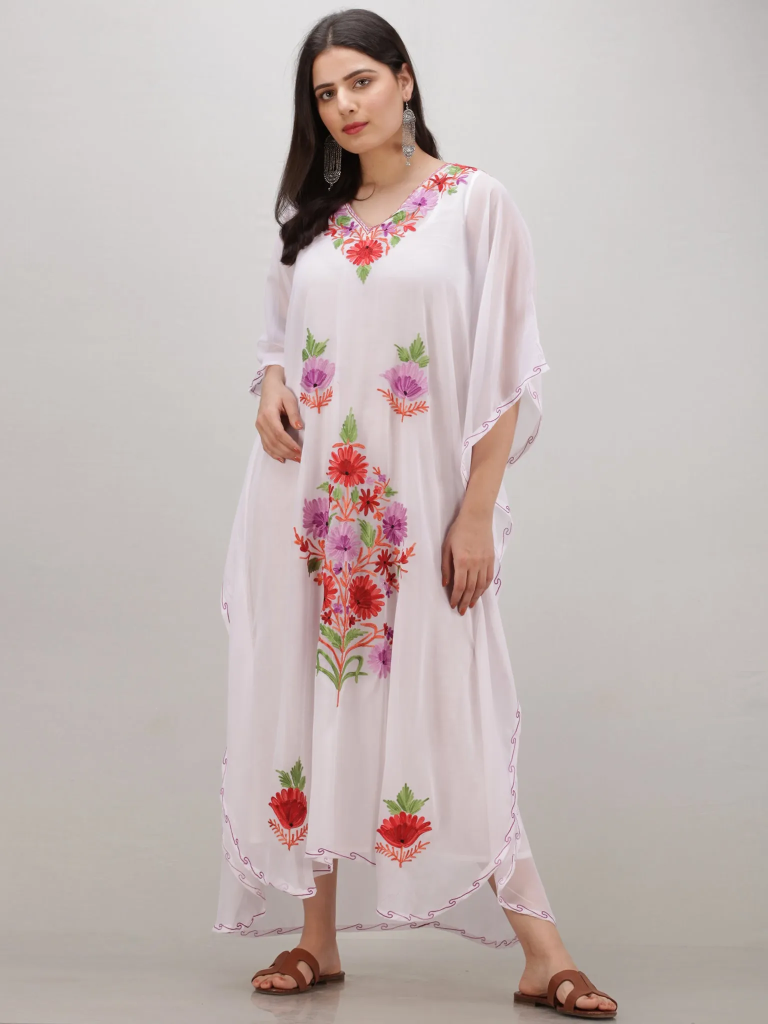 White Multicolor Aari Embroidered Kashmere Free Size Georgette Kaftan  - K12K019