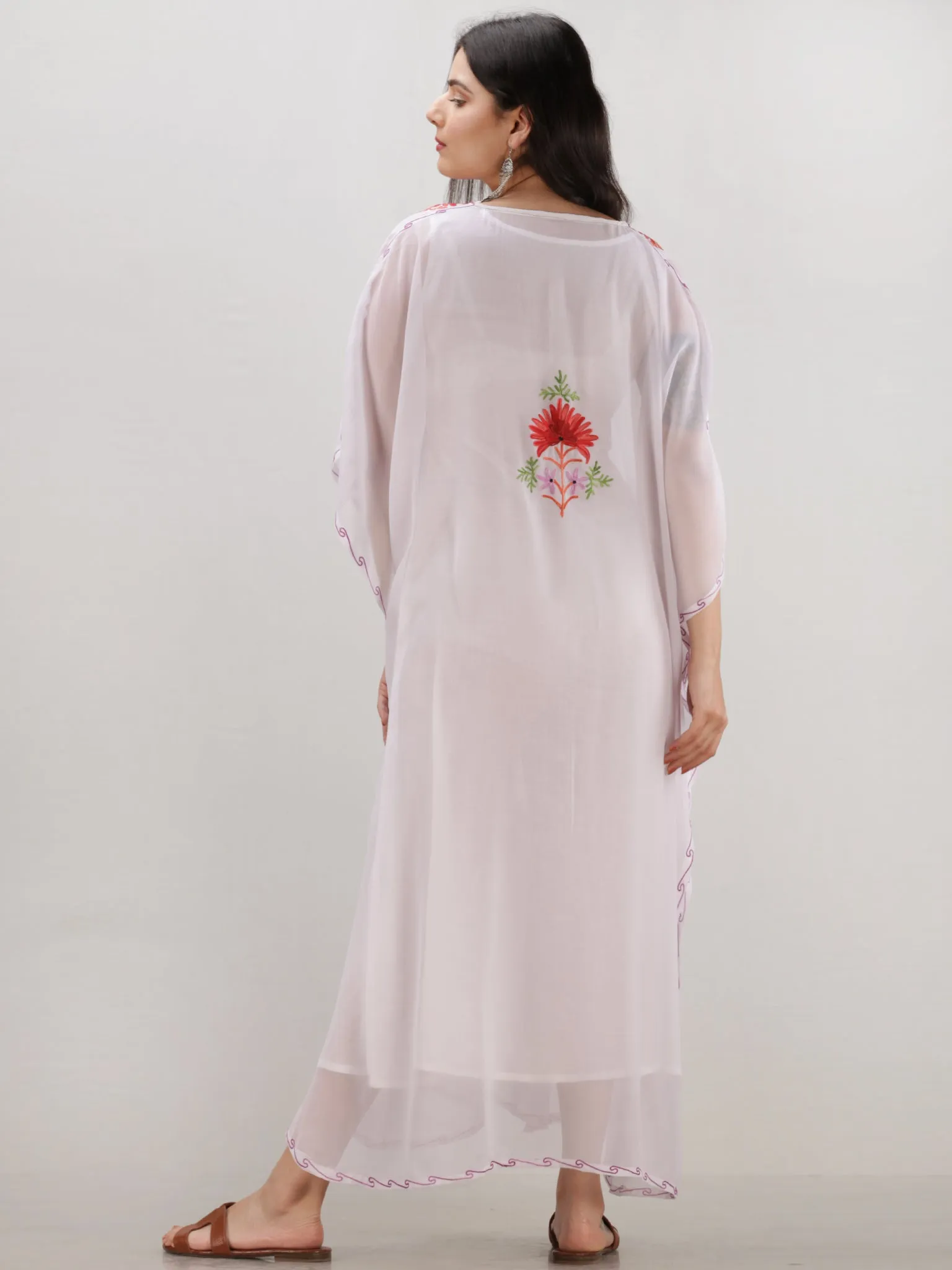 White Multicolor Aari Embroidered Kashmere Free Size Georgette Kaftan  - K12K019