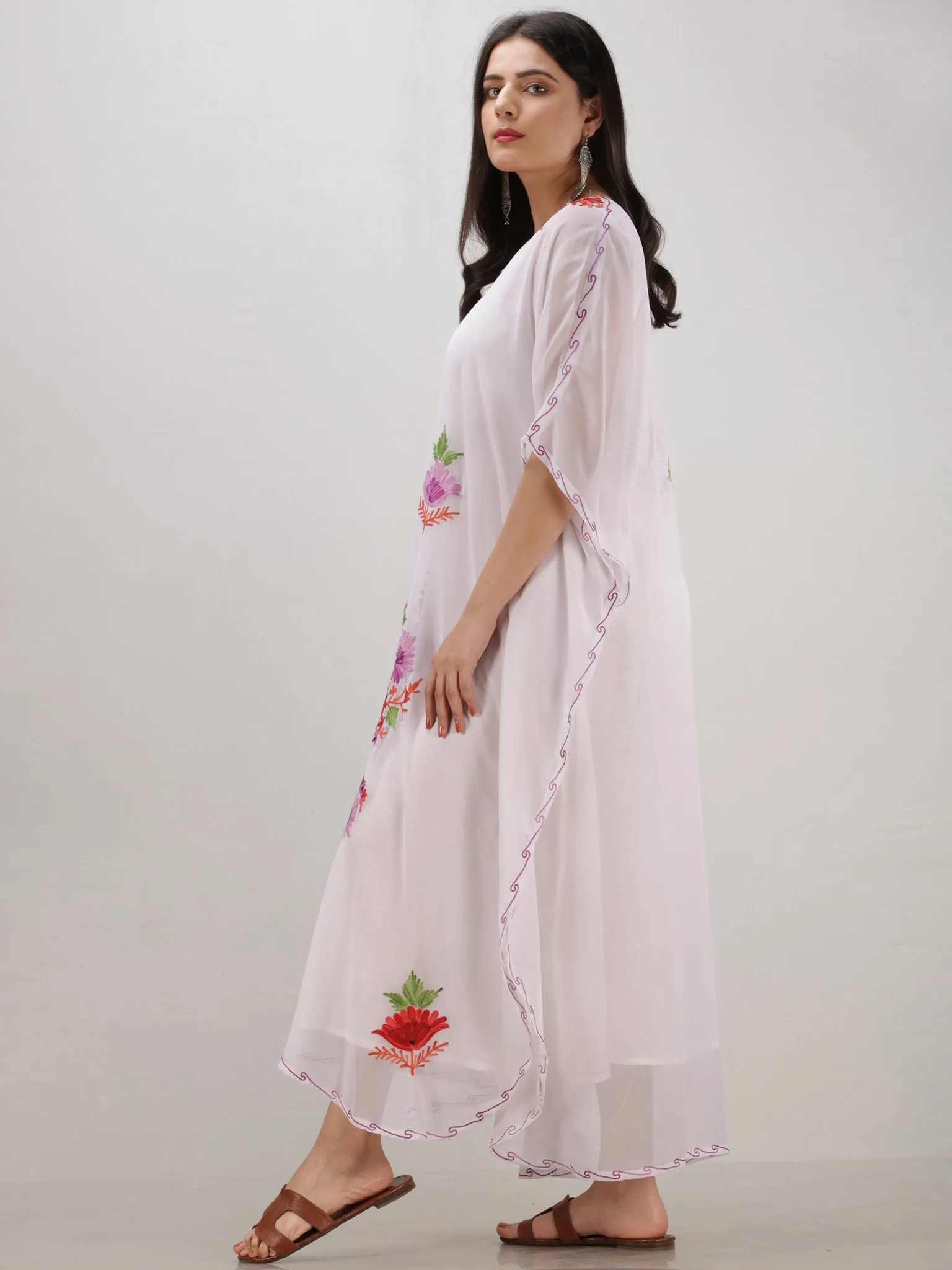 White Multicolor Aari Embroidered Kashmere Free Size Georgette Kaftan  - K12K019