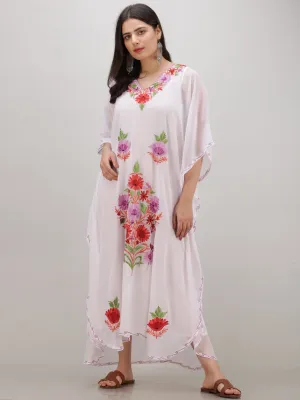 White Multicolor Aari Embroidered Kashmere Free Size Georgette Kaftan  - K12K019