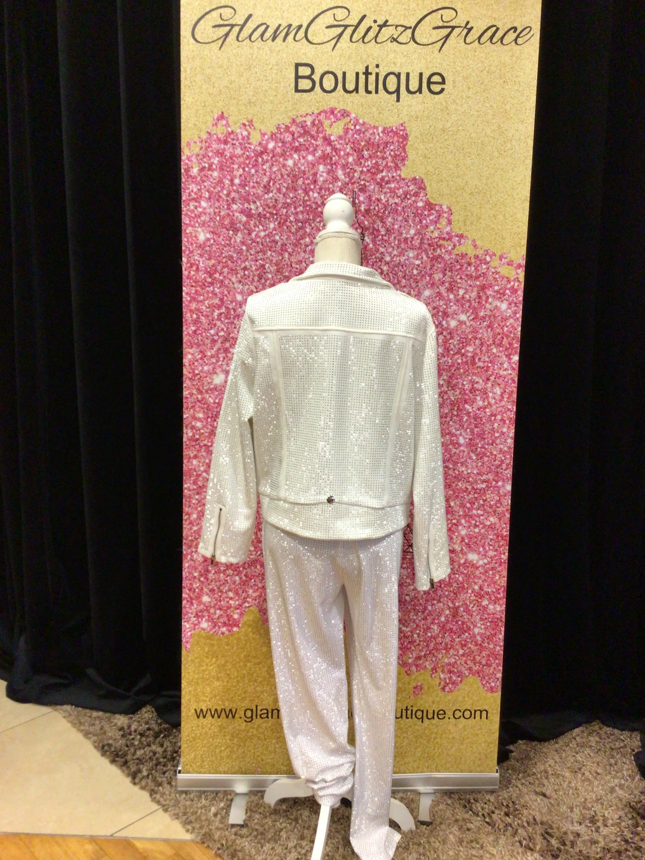 White Rhinestone Fitted Pants