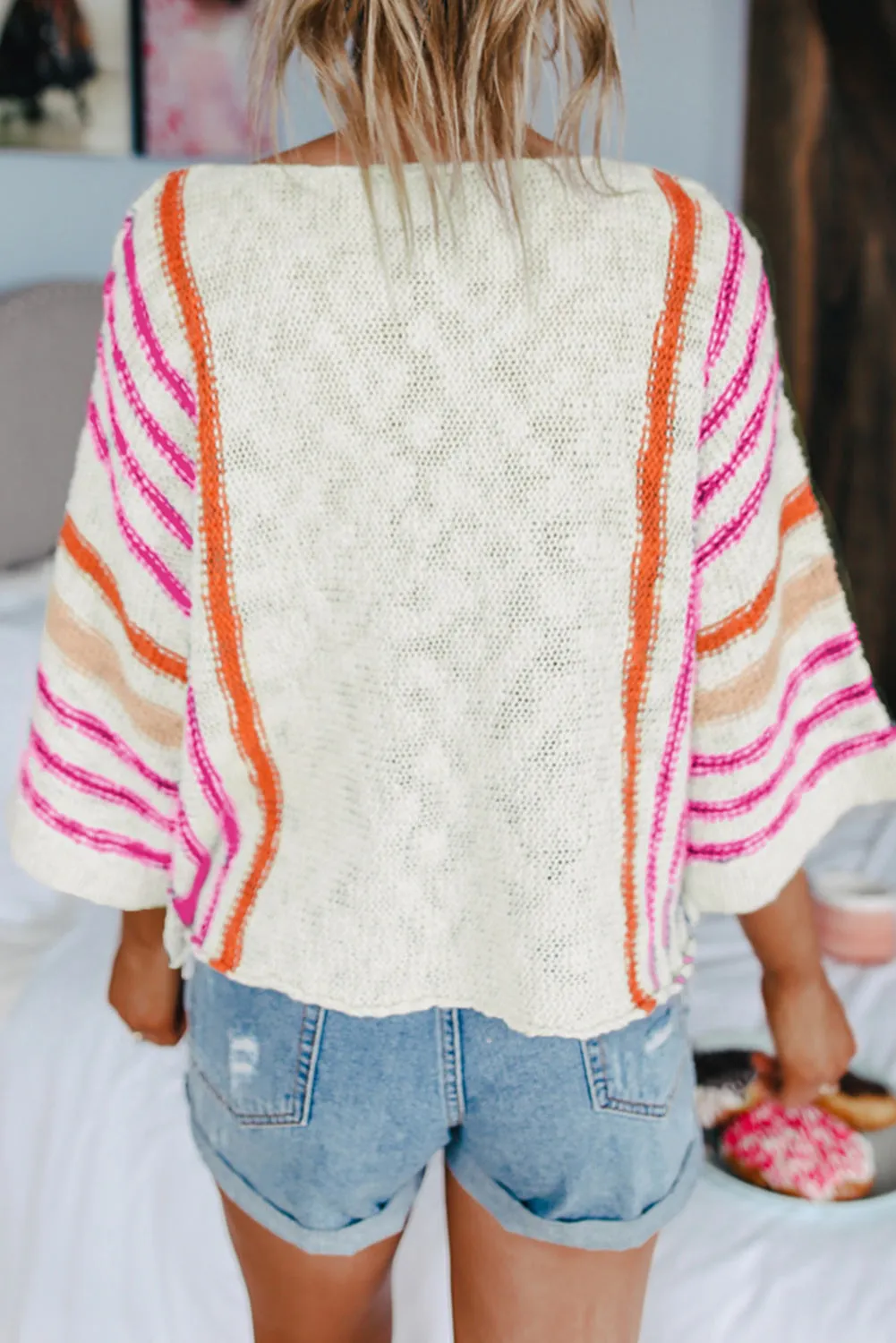 White Striped Detail Wide Sleeve Lightweight Knitted Sweater