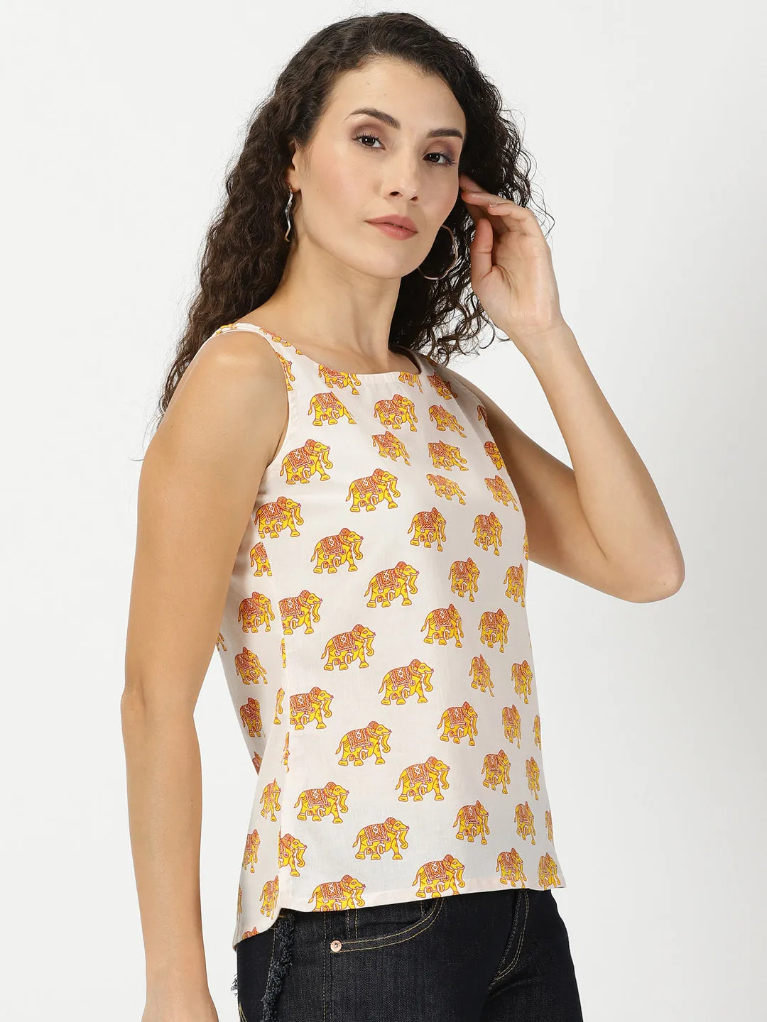 White-Yellow Elephant Print Cotton Tank Top