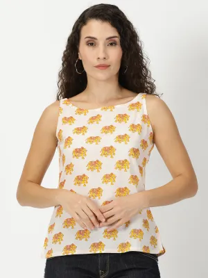 White-Yellow Elephant Print Cotton Tank Top
