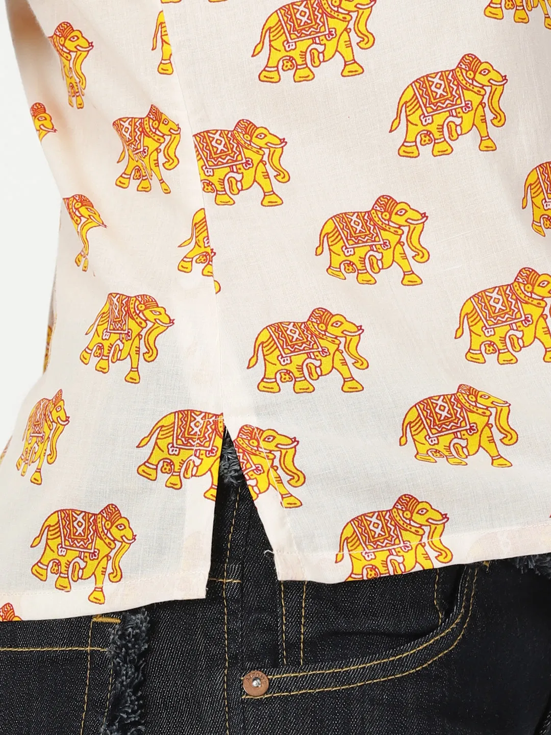 White-Yellow Elephant Print Cotton Tank Top