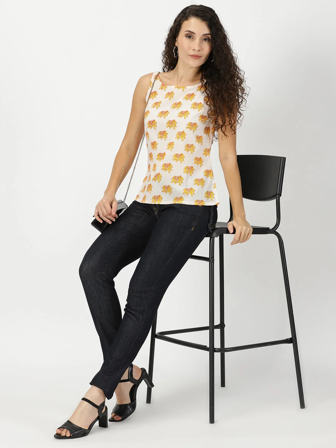 White-Yellow Elephant Print Cotton Tank Top