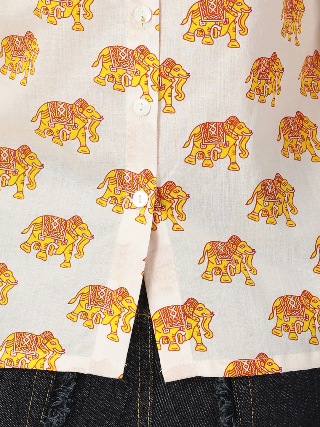 White-Yellow Elephant Print Cotton Tank Top