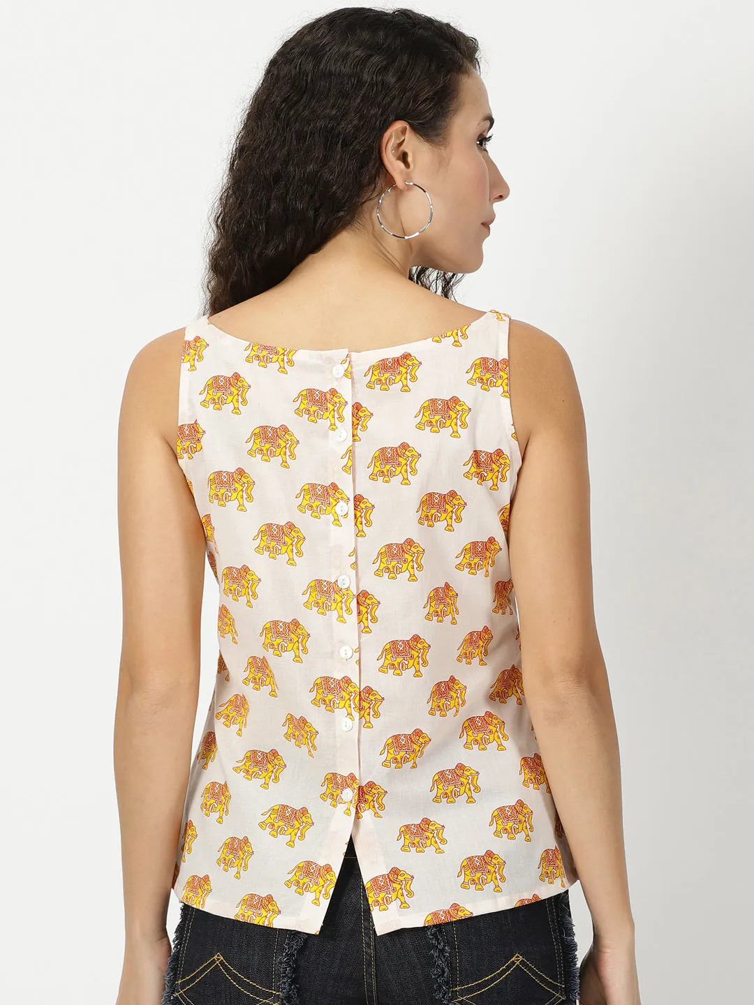 White-Yellow Elephant Print Cotton Tank Top