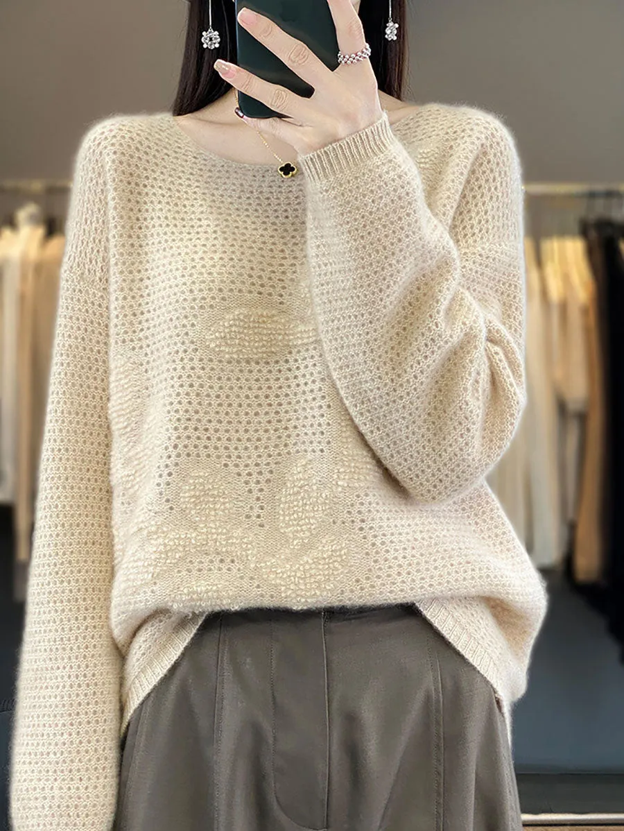Women Autumn O-Neck Spliced Wool Warm Knit Sweater