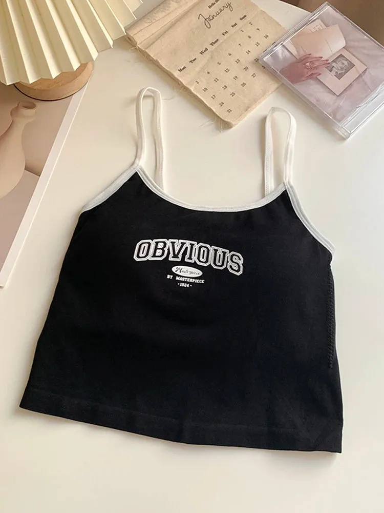 Women's Padded Bra Crop Tops - O-Neck Solid Crop Tops, Summer Letter Printing Spaghetti Camisole