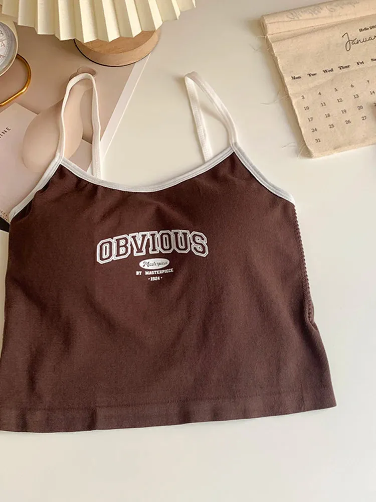 Women's Padded Bra Crop Tops - O-Neck Solid Crop Tops, Summer Letter Printing Spaghetti Camisole