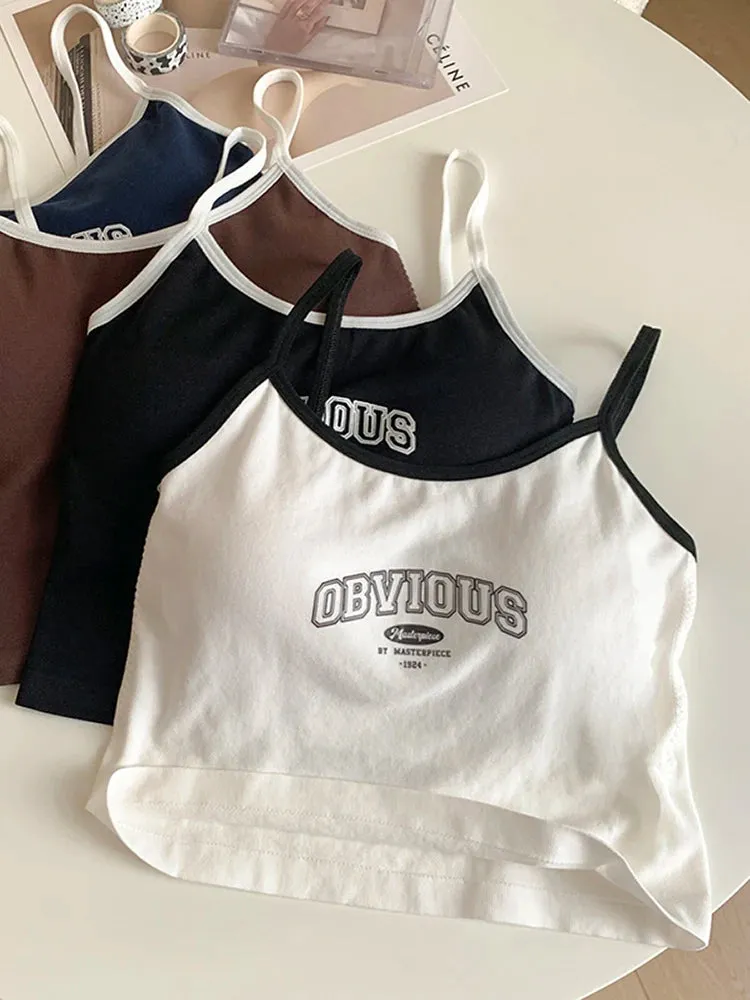 Women's Padded Bra Crop Tops - O-Neck Solid Crop Tops, Summer Letter Printing Spaghetti Camisole