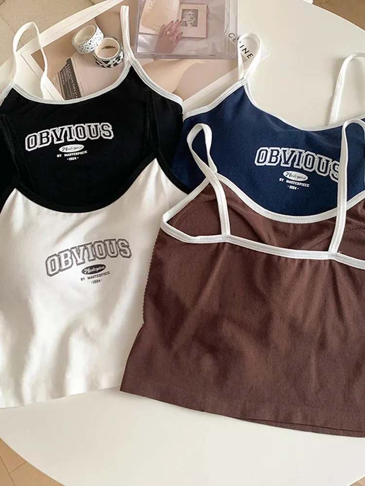 Women's Padded Bra Crop Tops - O-Neck Solid Crop Tops, Summer Letter Printing Spaghetti Camisole