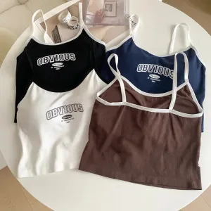 Women's Padded Bra Crop Tops - O-Neck Solid Crop Tops, Summer Letter Printing Spaghetti Camisole