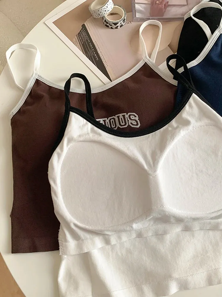Women's Padded Bra Crop Tops - O-Neck Solid Crop Tops, Summer Letter Printing Spaghetti Camisole
