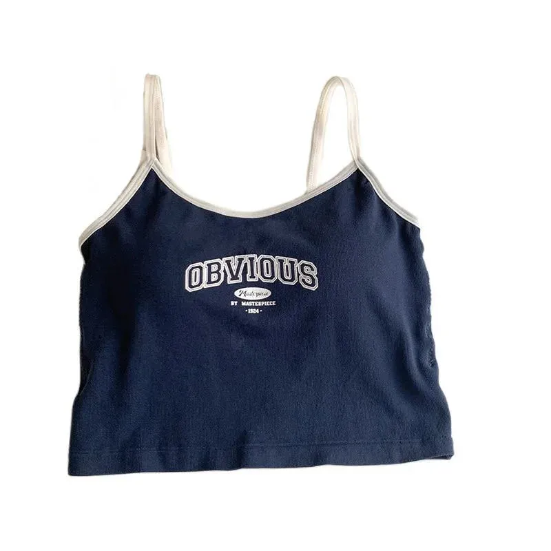 Women's Padded Bra Crop Tops - O-Neck Solid Crop Tops, Summer Letter Printing Spaghetti Camisole