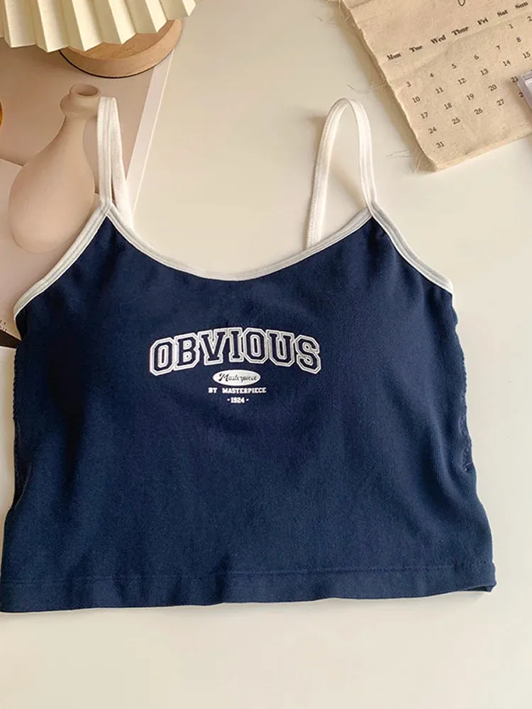 Women's Padded Bra Crop Tops - O-Neck Solid Crop Tops, Summer Letter Printing Spaghetti Camisole