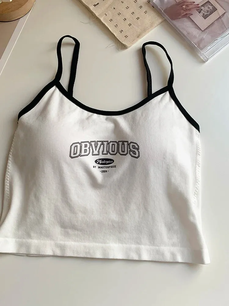 Women's Padded Bra Crop Tops - O-Neck Solid Crop Tops, Summer Letter Printing Spaghetti Camisole